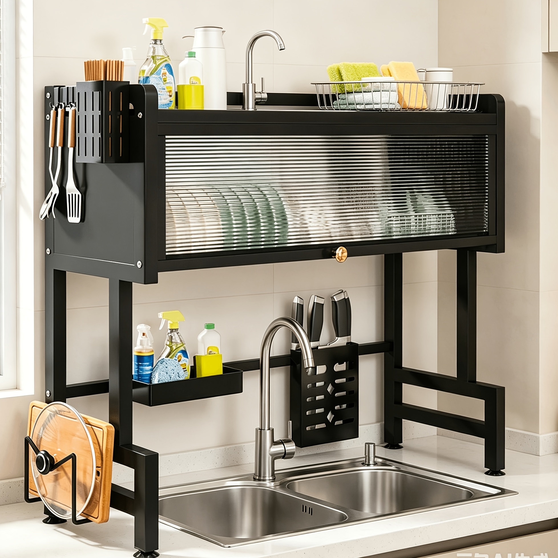 Image of Kitchen Covered Dish Rack, With Cutlery Holder, Cleaning Basket, Knife Holder, Cutting Board Rack, Home And Kitchen