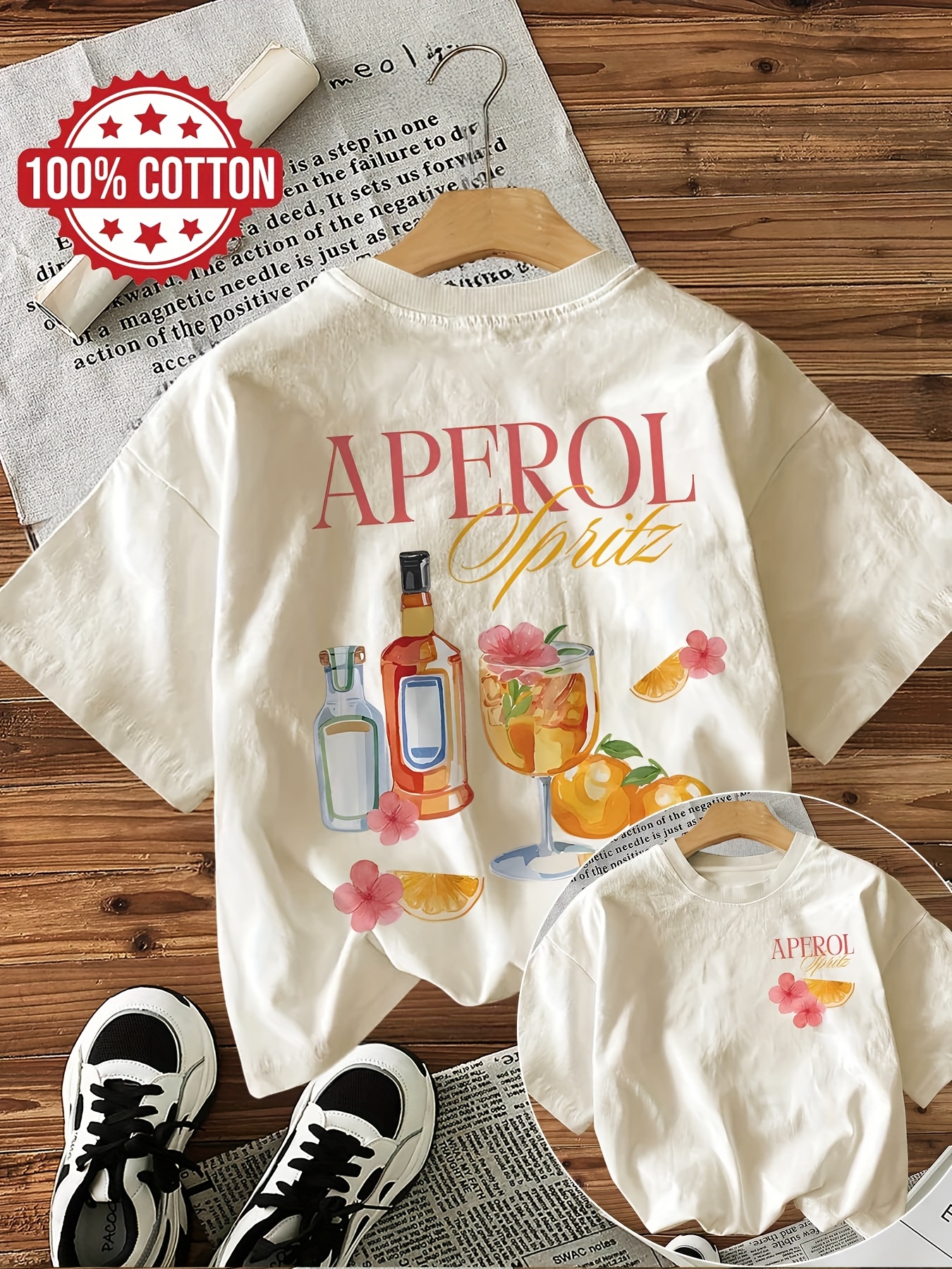 Illustration Style Cocktail Aperol Letter Print T-Shirt, Loose Casual Round Neck Top for Women.