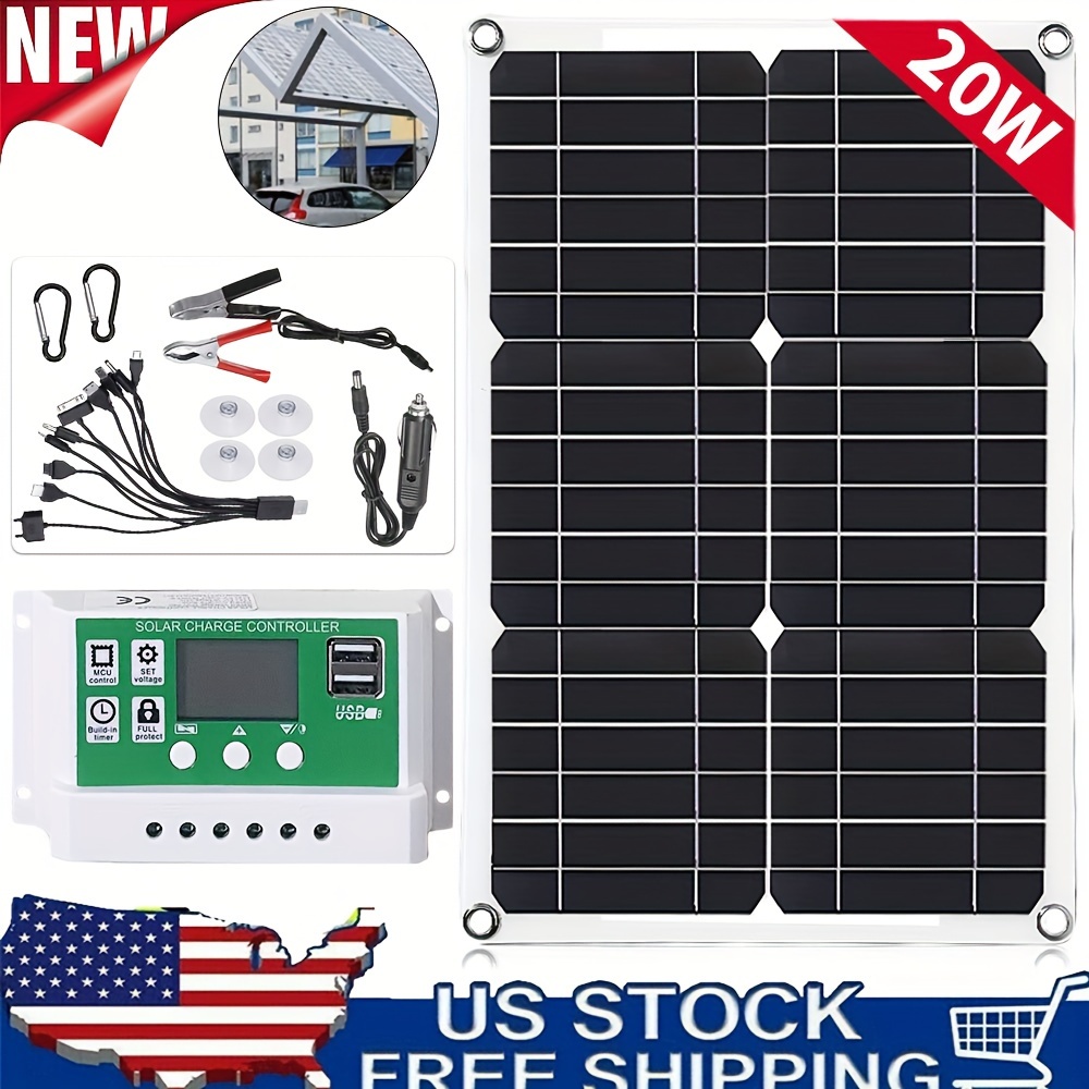 

1pc 20w Complete Solar Panel Kit, 12v Polycrystalline With Usb Port, Includes Digital Voltage Display & Alligator Clips - Portable Outdoor Rechargeable Solar Generator For Home Garden