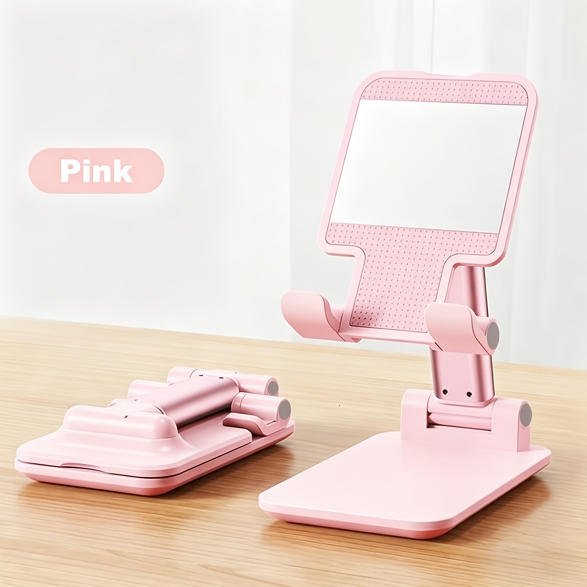 TEMU Adjustable Cell Phone Stand With Makeup Mirror, Foldable Desktop Phone Holder With Height And Angle Adjustment, Portable And Universal For -8