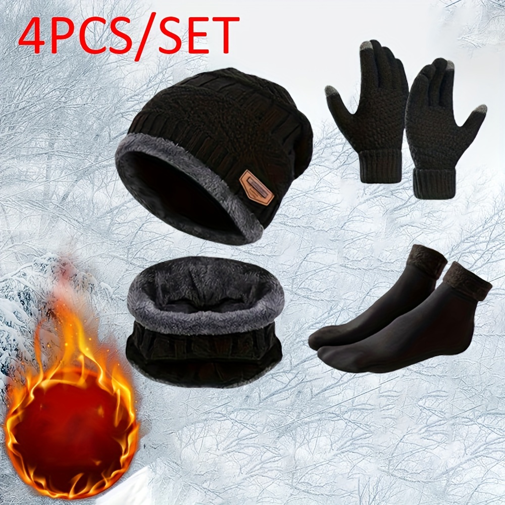 

4pcs Winter Set: Knit Beanie, Neck Warmer, Touchscreen Gloves & Socks, Fleece For Cycling & Outdoor Activities, Black