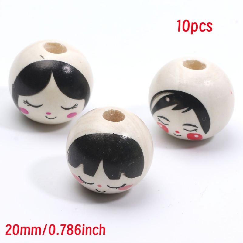 Image of 10pcs Set 20mm Wooden Beads, Mixed Hairstyle Cute Printed Natural Wooden Beads, Suitable For Handmade Jewelry Making