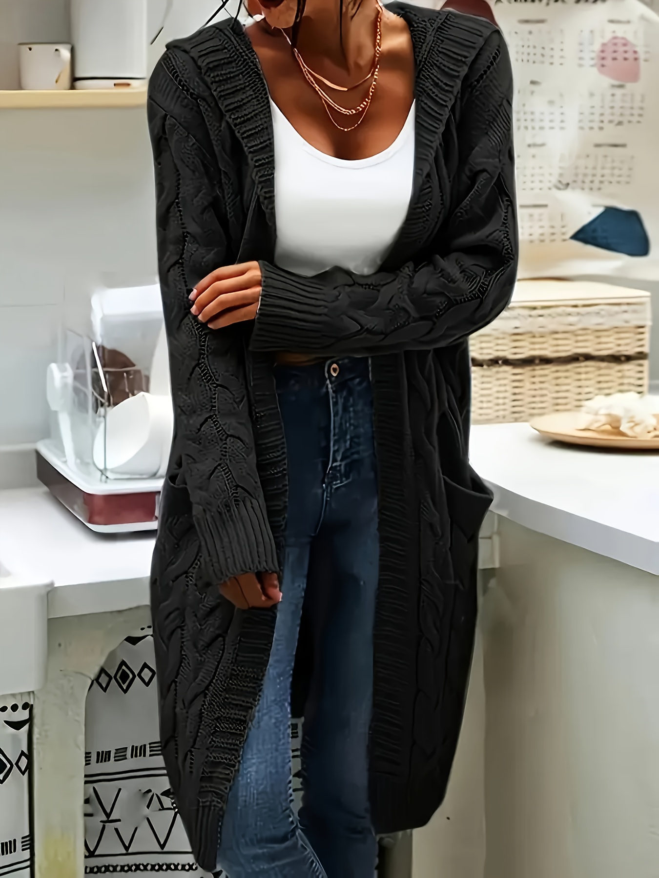 Plus Size, Plus Size Casual Cardigan, Women's Plus Size Solid Color Twisted  Long Sleeve Hooded Cardigan with Pockets