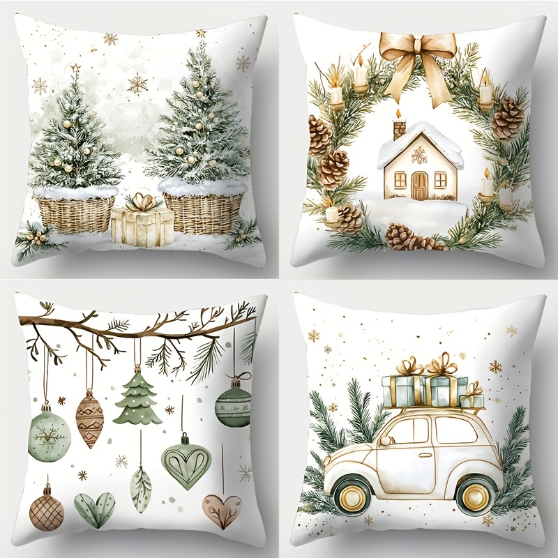 TEMU 4pcs Christmas Pillowcases, Cushion Covers, Holiday Christmas Tree And Patterns, Machine Washable, Throw Pillow Covers 18x18 Inches With Zipper