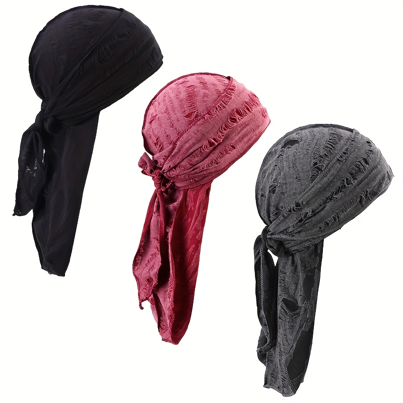 TEMU Set di 3 pezzi Cappello da pirata vintage used con nastri fluenti, Foulard da annodato, Turbante da rapper