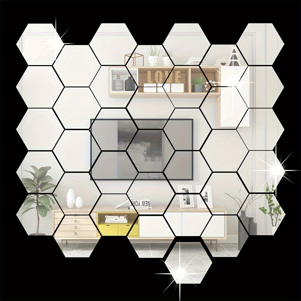 TEMU 36pcs, Silver/acrylic Mirror Wall Stickers Hexagonal Mirror Wall Stickers Diy Removable 3d Geometric Hexagonal Mirror Art Setting Wall Decor For Bedroom Living Room Office Kitchen Home Decor