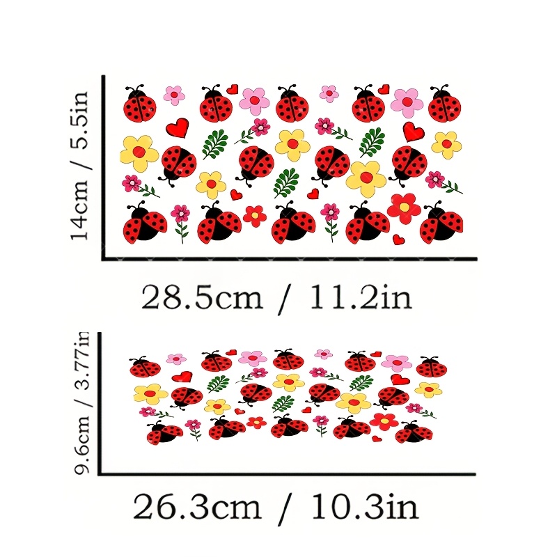 TEMU Cute Ladybug Floral 2pcs Theme Vinyl Uv Dtf Transfer Crystal Labels, 40oz Waterproof Scratch-resistant Packaging Transfer Paper, Suitable For