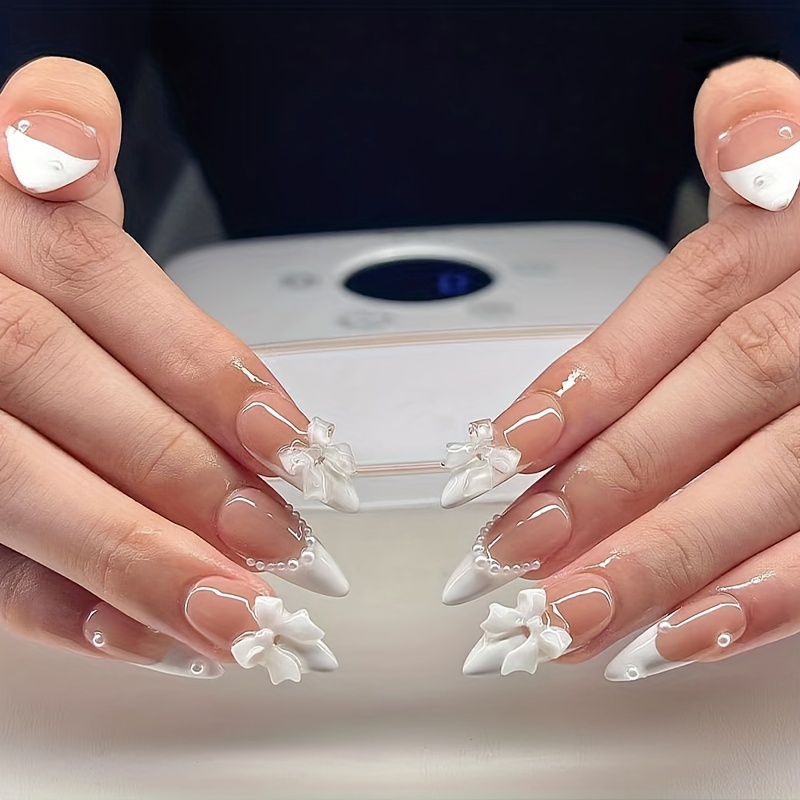 

24pcs Almond Shaped Full Cover Press-on Nails Set, Handcrafted 3d White Butterfly And Pearls, Short False Nail Tips For Women And Girls, Easy Application