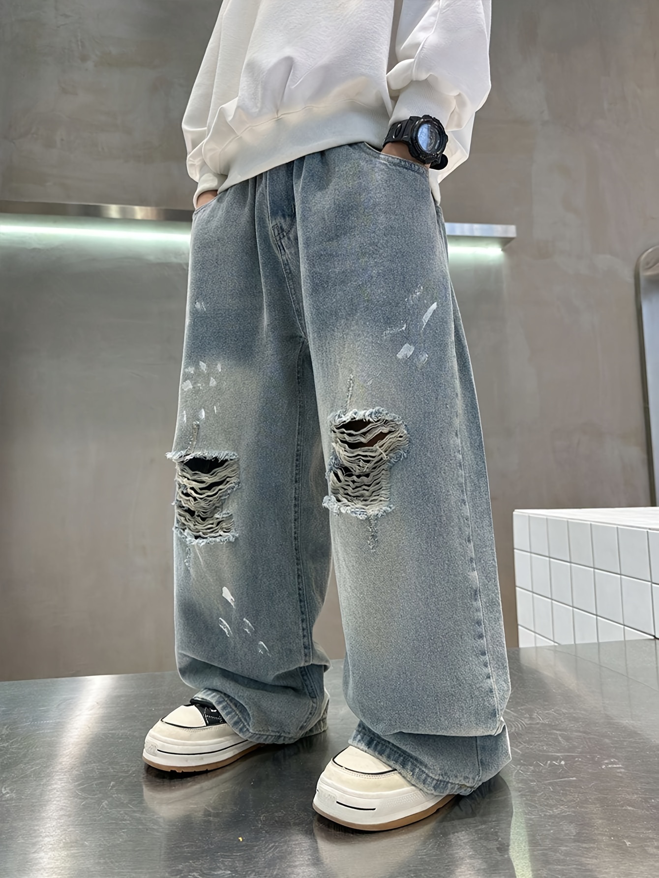 boys' casual ripped jeans - denim wide leg pants with washed