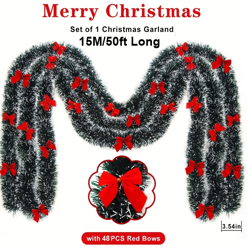 15m/50 Ft Christmas Tinsel Garland Dark Tip Metallic Garland Christmas Tree Hanging Twist Garland Decoration With Red Bows For Xmas Tree New Year Wedding Birthday Indoor Outdoor Party Supplies