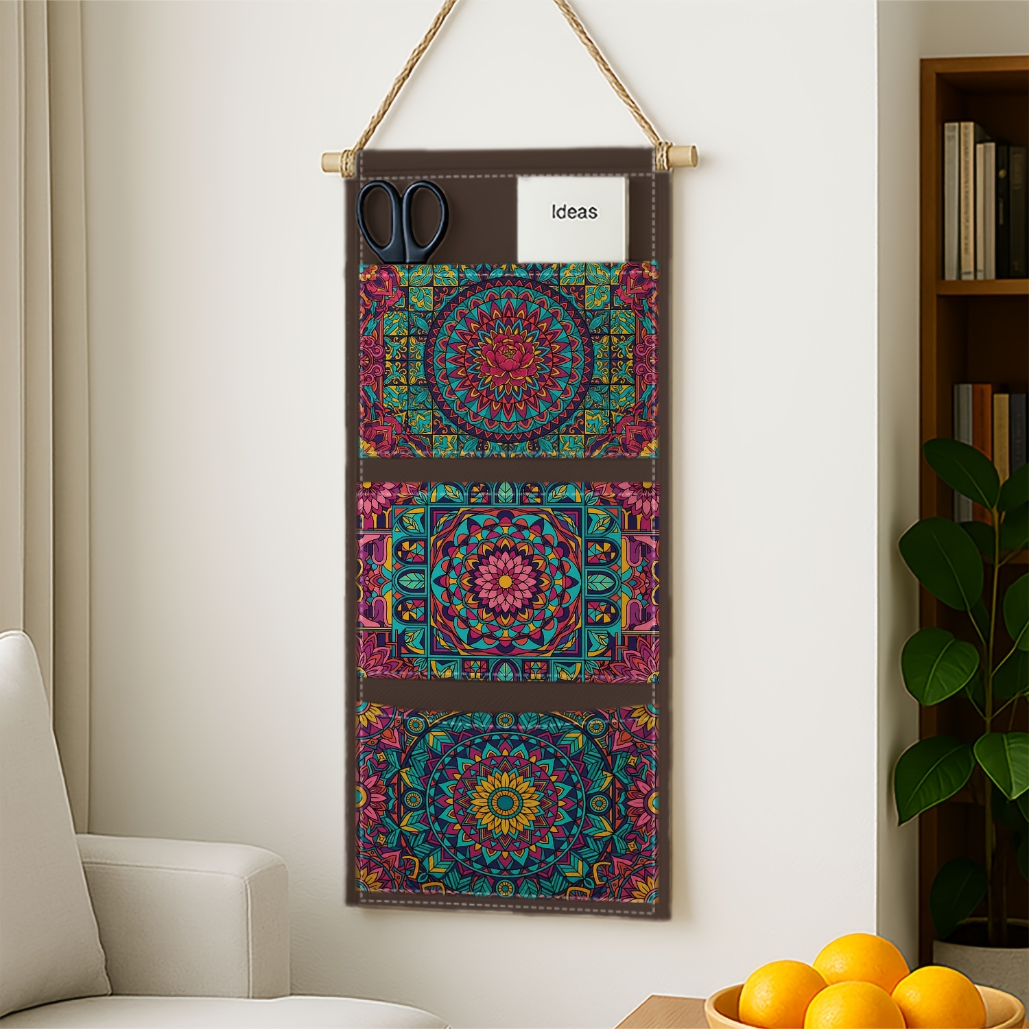 TEMU 1pc Three-layer Wall-mounted Bohemian Tribal Ethnic Hanging Storage Bag Featuring Various Pockets For The Bedroom, With A Vibrant Mandala