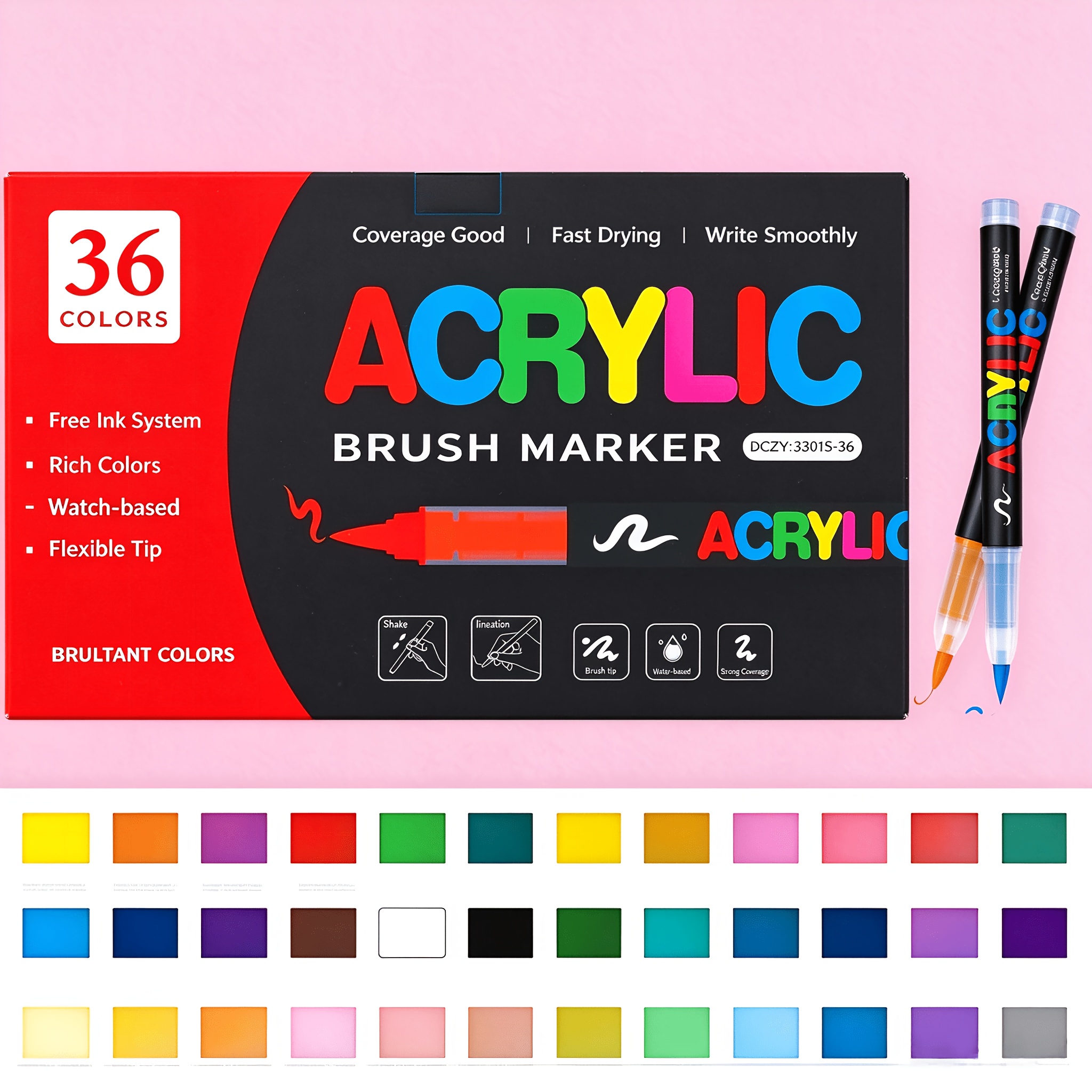 TEMU Marqueurs acryliques 12/24/36 couleurs, pointes flexibles, adaptés au verre, , au métal et à l'acrylique, fournitures professionnelles pour ,