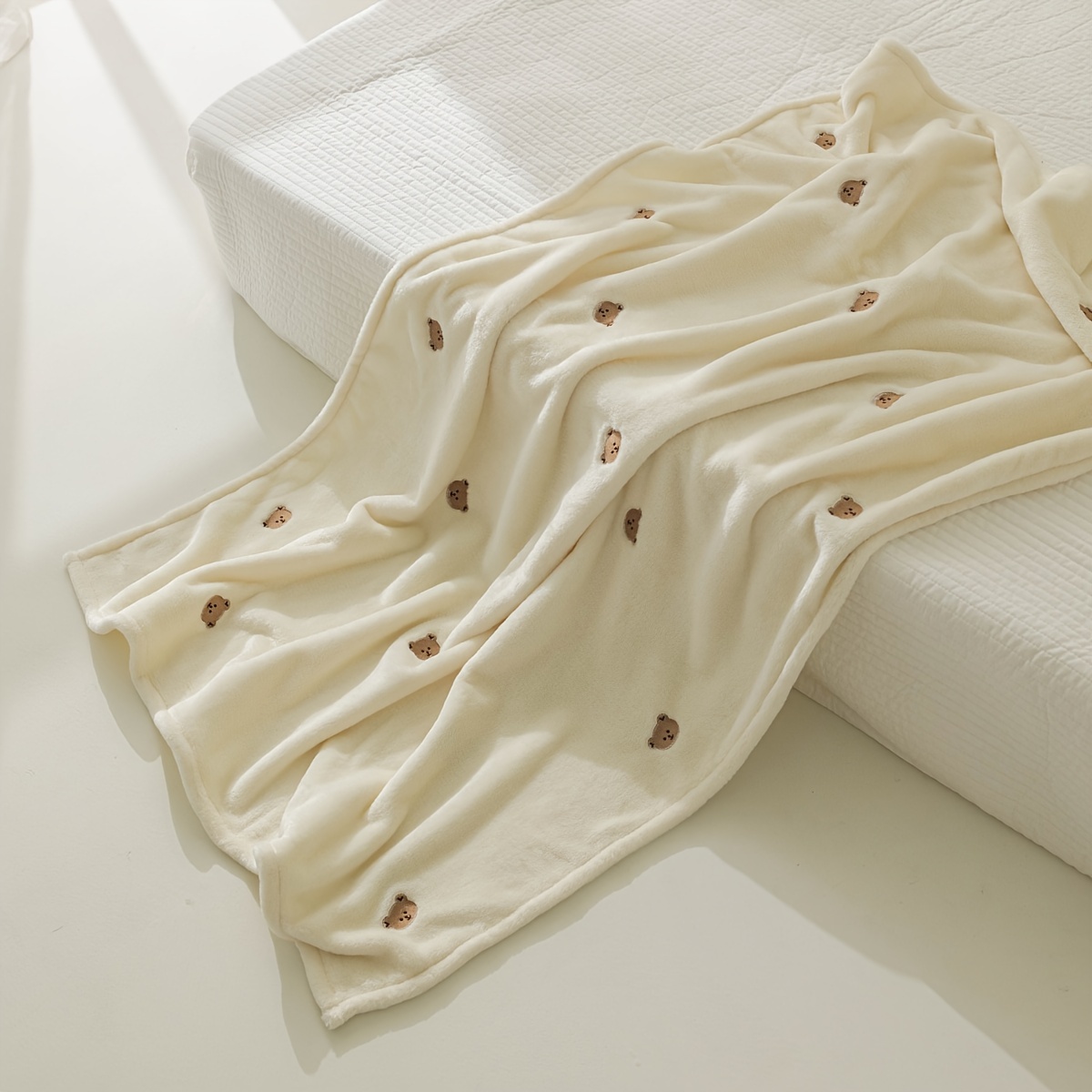 cozy   embroidered flannel blanket soft warm air conditioning quilt for   cream white details 2