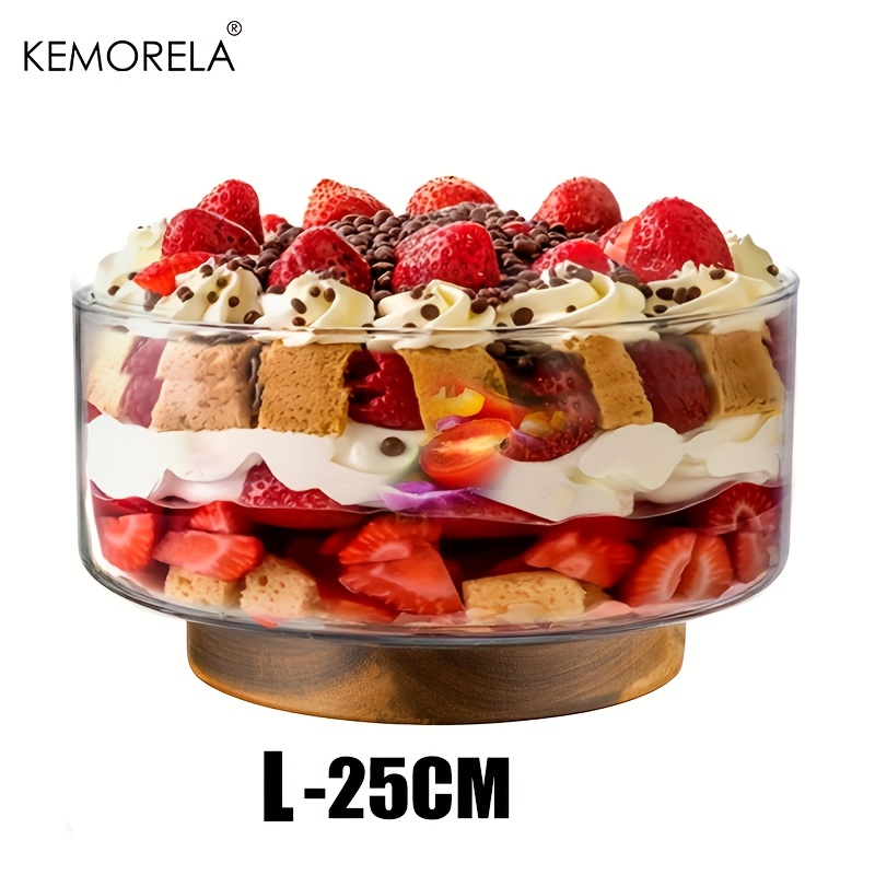 Image of Kemorela Large Glass Cake Bowl With Elegant Wooden Stand - Versatile Serving Tray For Cakes, Salads, Desserts | Durable And Easy To Clean | Perfect For Parties, Weddings, Special Occasions