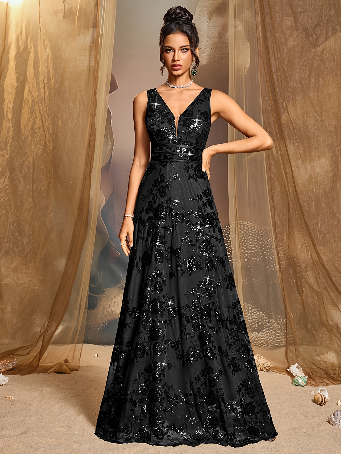 elegant black sequin v neck midi dress women waist flowy a Temu