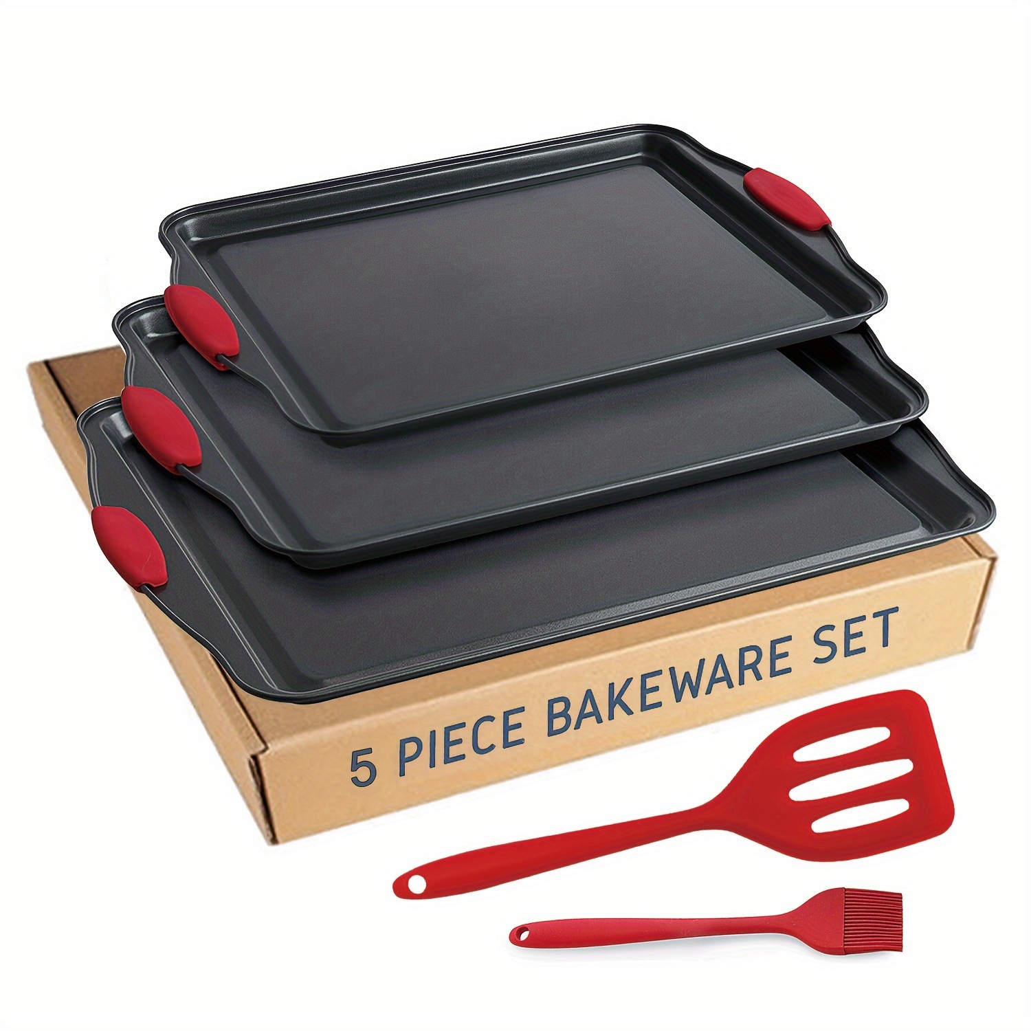 

Baking Pan Set 5 Piece Cookie Sheet Deluxe Black Nonstick Carbon Steel Silicone Handles With Brush Spatul