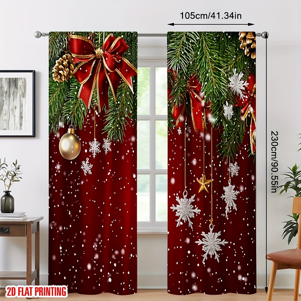 TEMU 2d Flat - 2d Flat - Set Of 2 Christmas Curtains Featuring Classic Pine Trees And Snowflakes In Red And Green, Perfect For Decorating Living