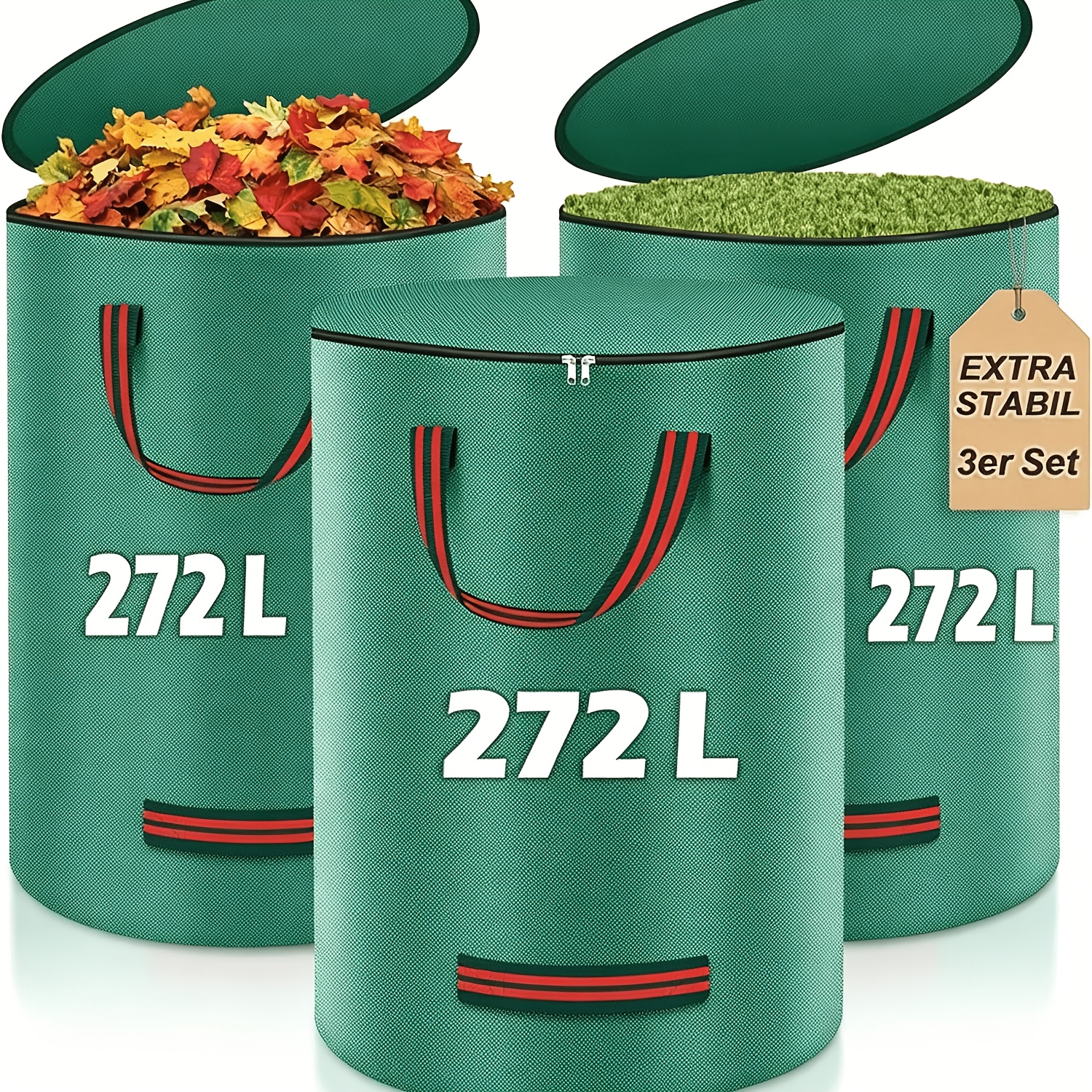 TEMU (3 Packs) 272-liter Garden Waste Bags With Sturdy Lids And Zippers - Garden Bags, Leaf Bags, Reusable And Foldable, Suitable For Mowing, Leaves,