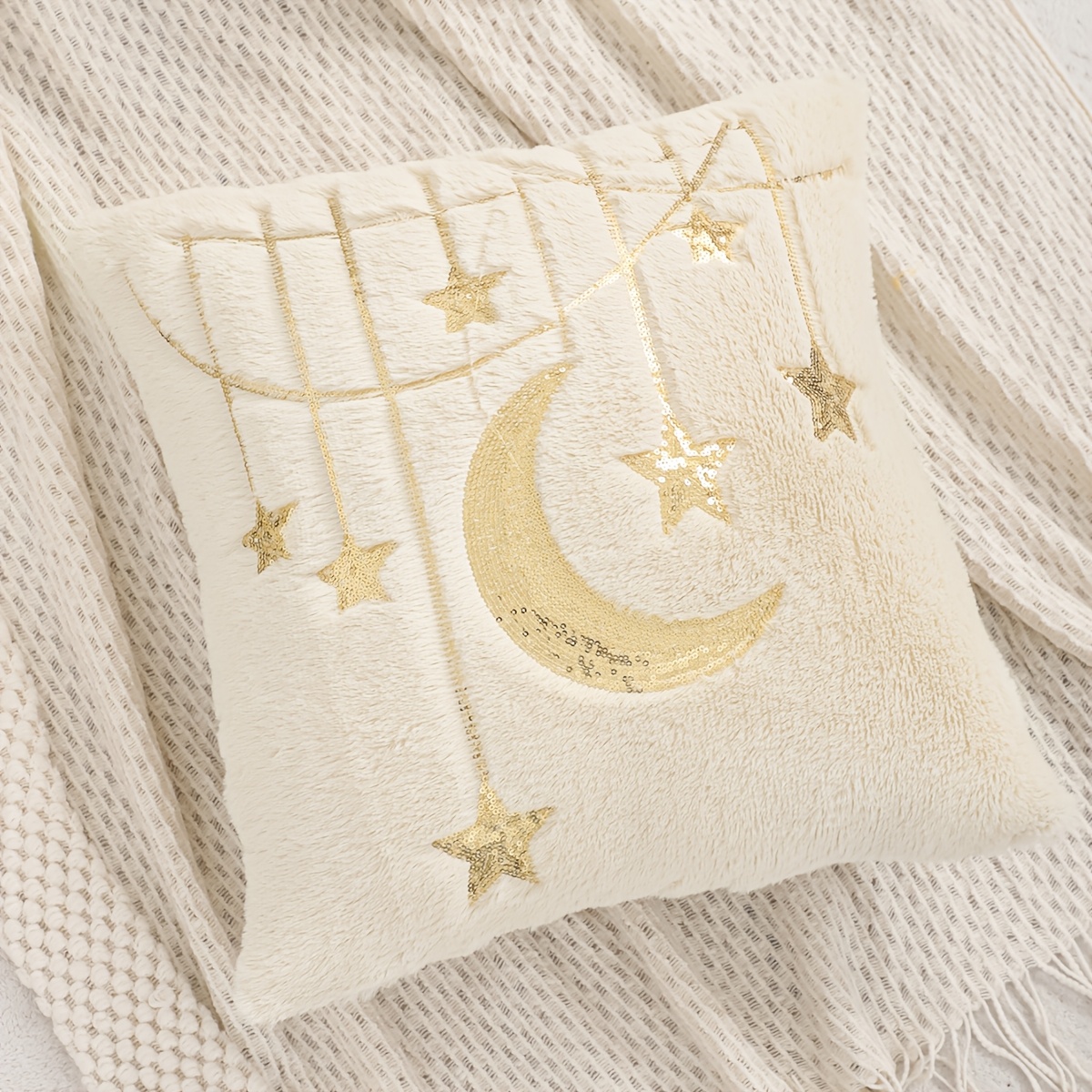 1pc ramadan decorative pillow cover with   stars and lantern embroidery plush islamic muslim holiday gift for living room sofa decor Product details 2