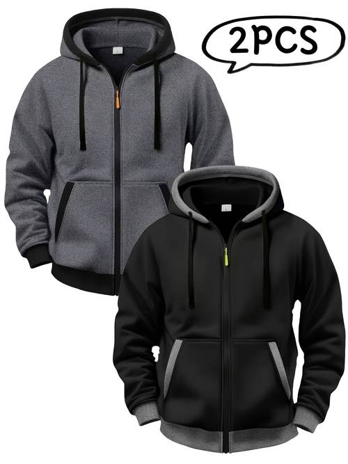 Artikelbild 2er-set hochwertiger stoff 250g color-block reißverschluss langarm sweatshirt jacke, casual vielseitig bequemes herren kapuzenpullover, herren weihnachtsgeschenk