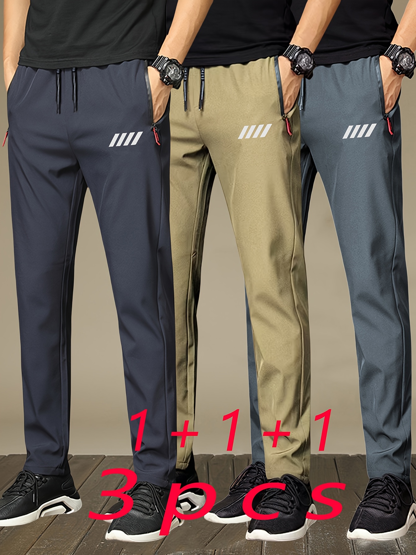 3pcs Men's Athletic Joggers with Zipper Pockets, Stylish Printed Design, Breathable Lightweight Fabric for Summer Sports and Casual Wear, Perfect Gift Idea, Modern Athletic Pants, Practical Pocket Design