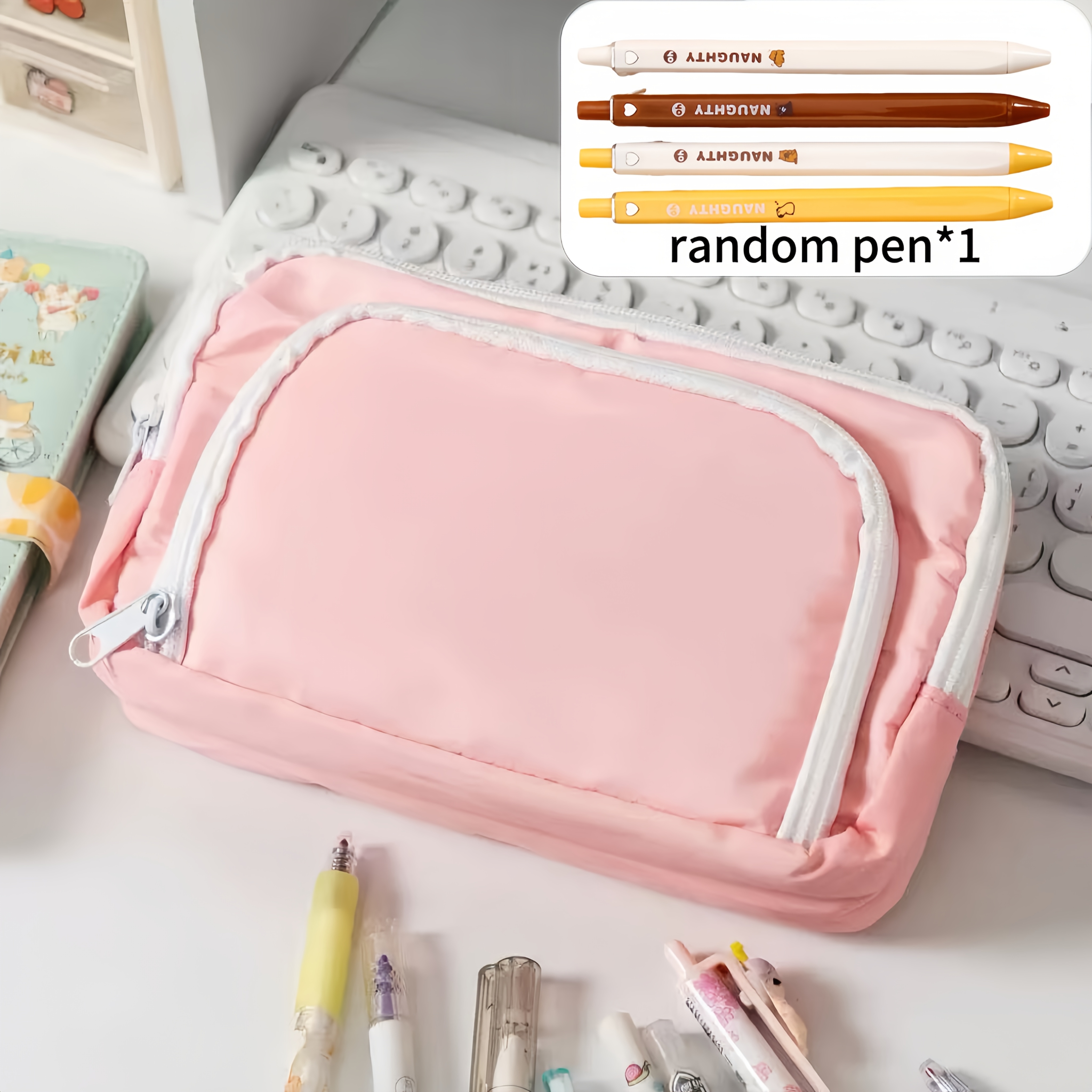 TEMU Trousse à crayons minimaliste de grande capacité style Instagram rose, inclut un stylo aléatoire - Boîte à papeterie avec fenêtre à ouverture