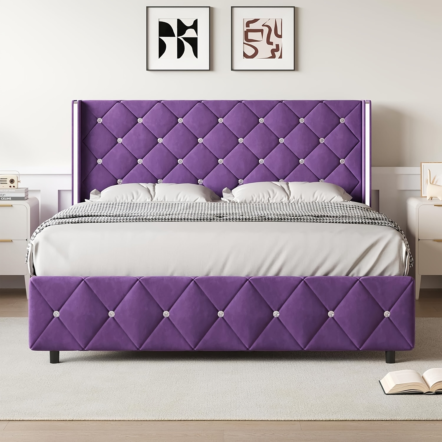 TEMU Twin Full Queen King Size Bed Frame, Upholstered Bed Frame With Diamond Tufted Headboard, Modern Silvery Side Wing Back, Spring Needed, Easy