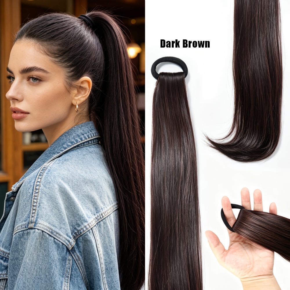 TEMU 20-inch Heat-resistant Fiber Synthetic Straight Hair Wig Ponytail, Thick Non-slip Rubber Band Ponytail