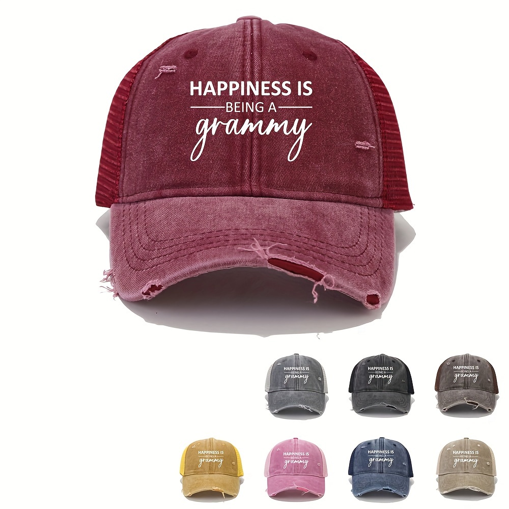 

Distressed Vintage Baseball Cap For Women, "happiness Is Being A Grammy" Letter Print, Mesh Trucker Hat For Mother's Day