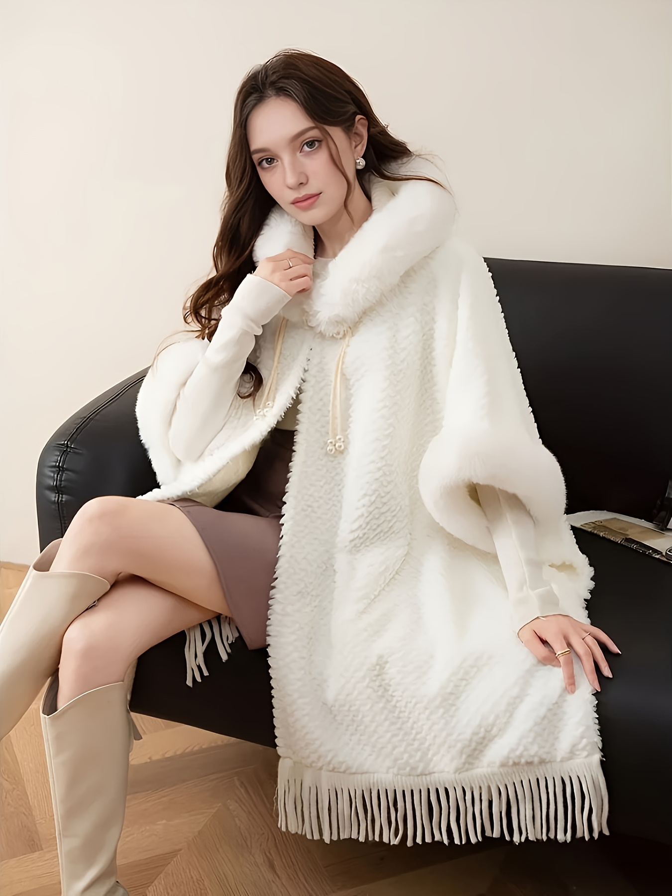 1pc medium long white hooded shawl oversized womens fringed Temu