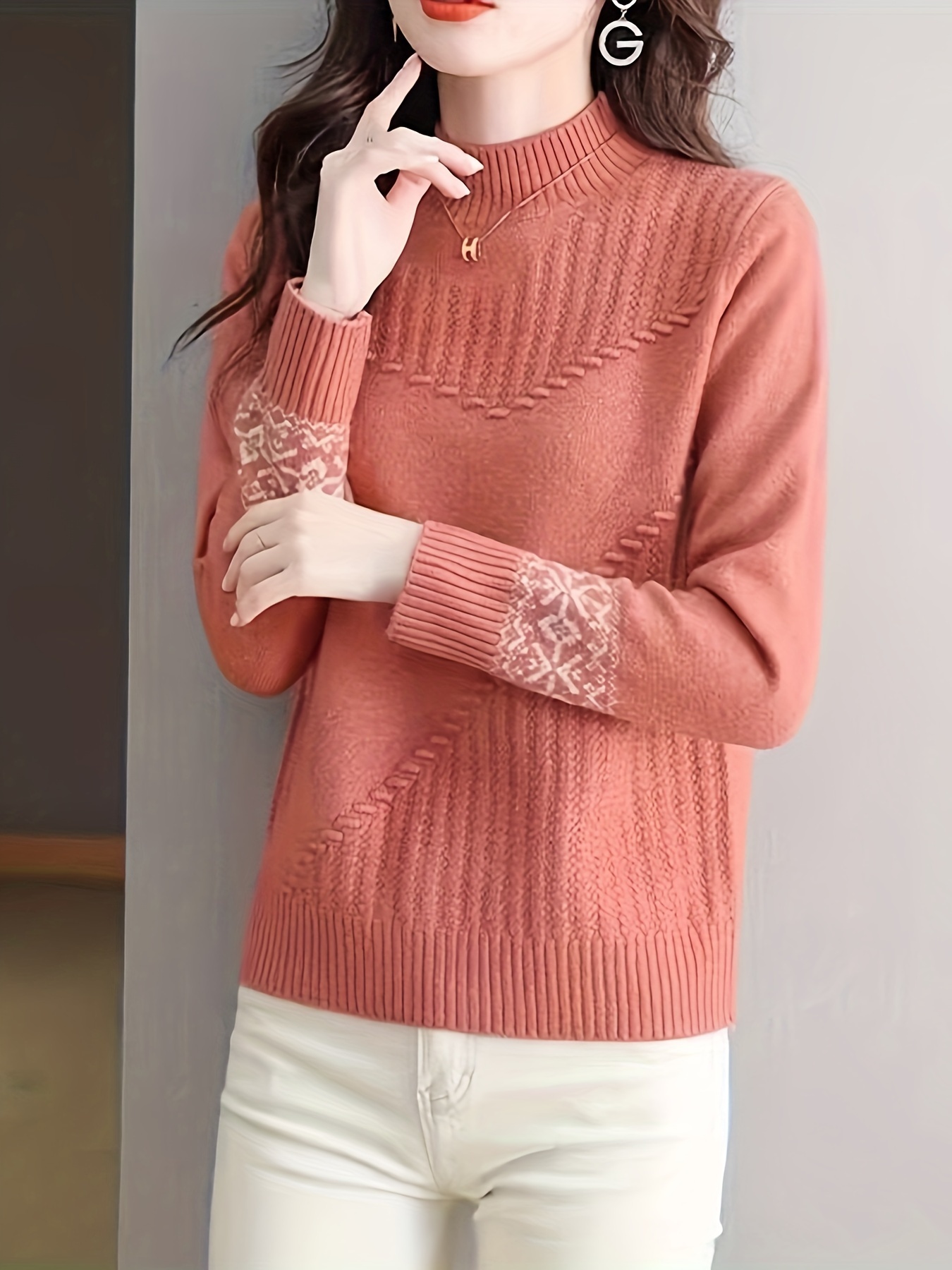 women's half turtleneck ribbed sweater peach solid color Temu Greece - Main Image