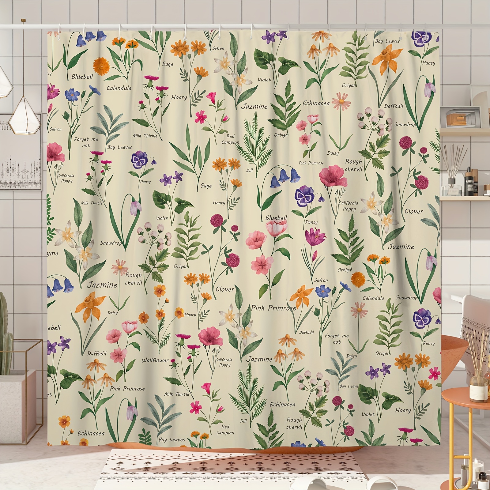 

1pc Floral Plant Shower Curtain, Retro Pastoral Curtain, Polyester Fabric 180×180cm/72"×72" Waterproof Shower Curtain With 12 Hooks, Suitable For Apartment Dormitory Bathroom Or Bathtub Decoration