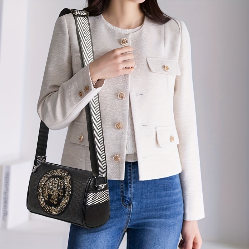 womens fashion shoulder bag trendy boston crossbody bag with geometric pattern strap elegant all pu leather handbag details 0