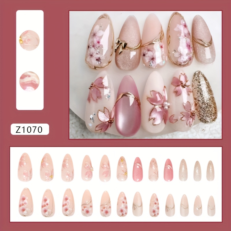 E-shop 3D Katzenaugen Vergoldenete Blumen Aufhellende Süße -Mid-Length Mandel Nagel Western Style Abnehmbare Nagelkunst