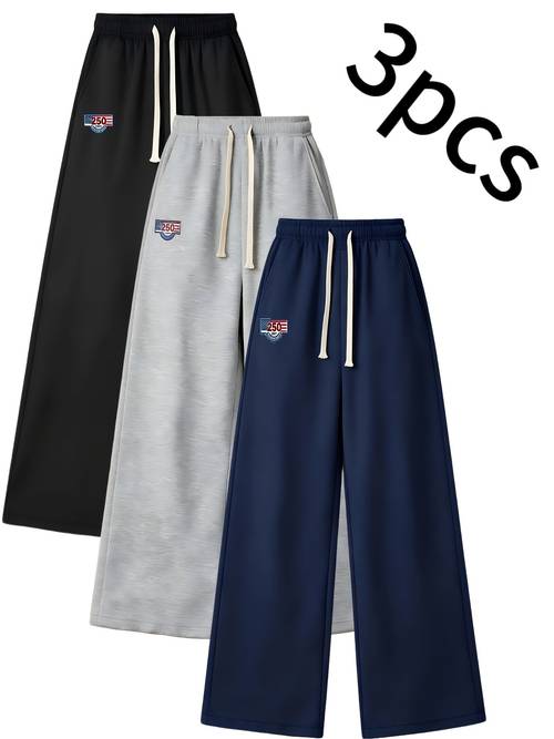 3pcs mens solid color drawstring loose wide leg sweatpants american flag print elastic waist straight leg casual pants gray black lounge