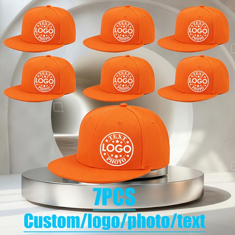 TEMU 7pcs Custom Flat Brim Hats, Custom Printed With Logo/photos/text , Unisex Adjustable Snapback Caps, Adjustable Size 58-62cm, Hip-hop Street