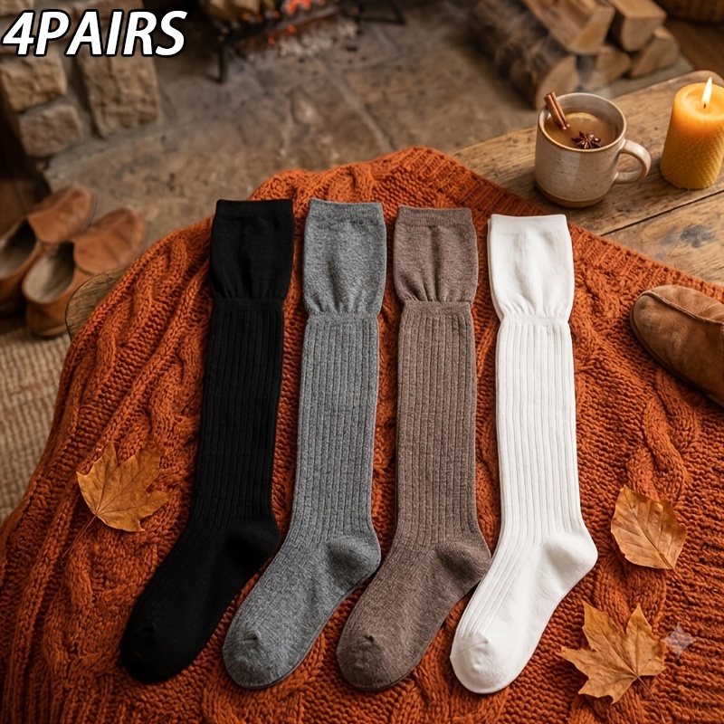 TEMU 4 Paires de Chaussettes Hautes pour Femmes, Adaptées à Toutes , Chaussettes Hautes de Printemps et d'Automne, Chaussettes Hautes pour Femmes
