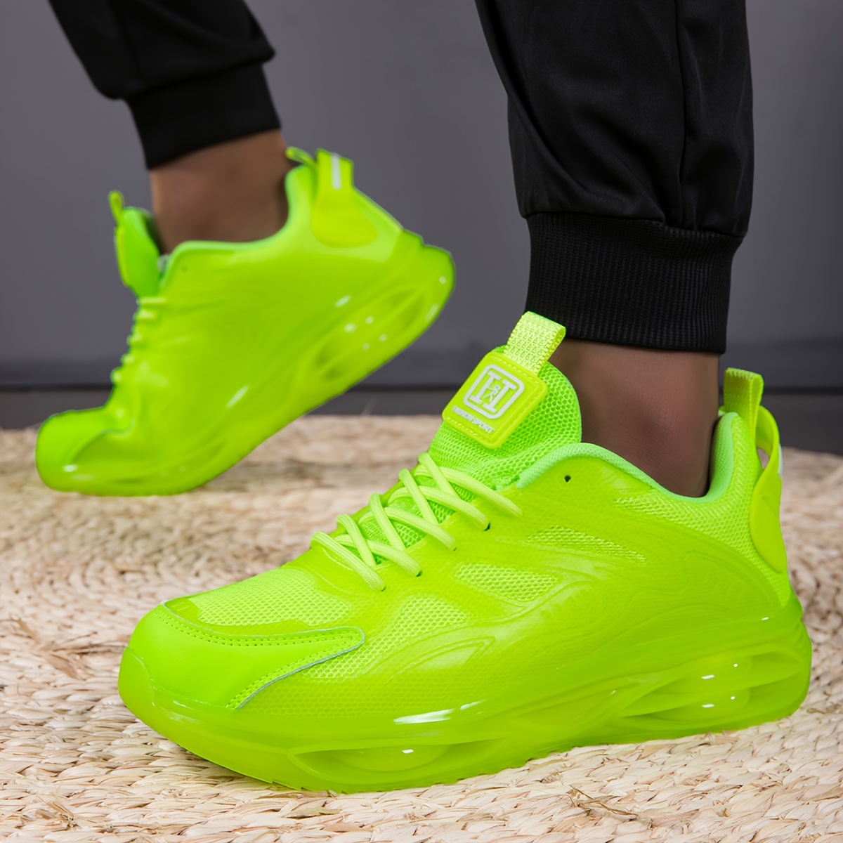 mens bright neon green casual sneakers low top breathable Temu