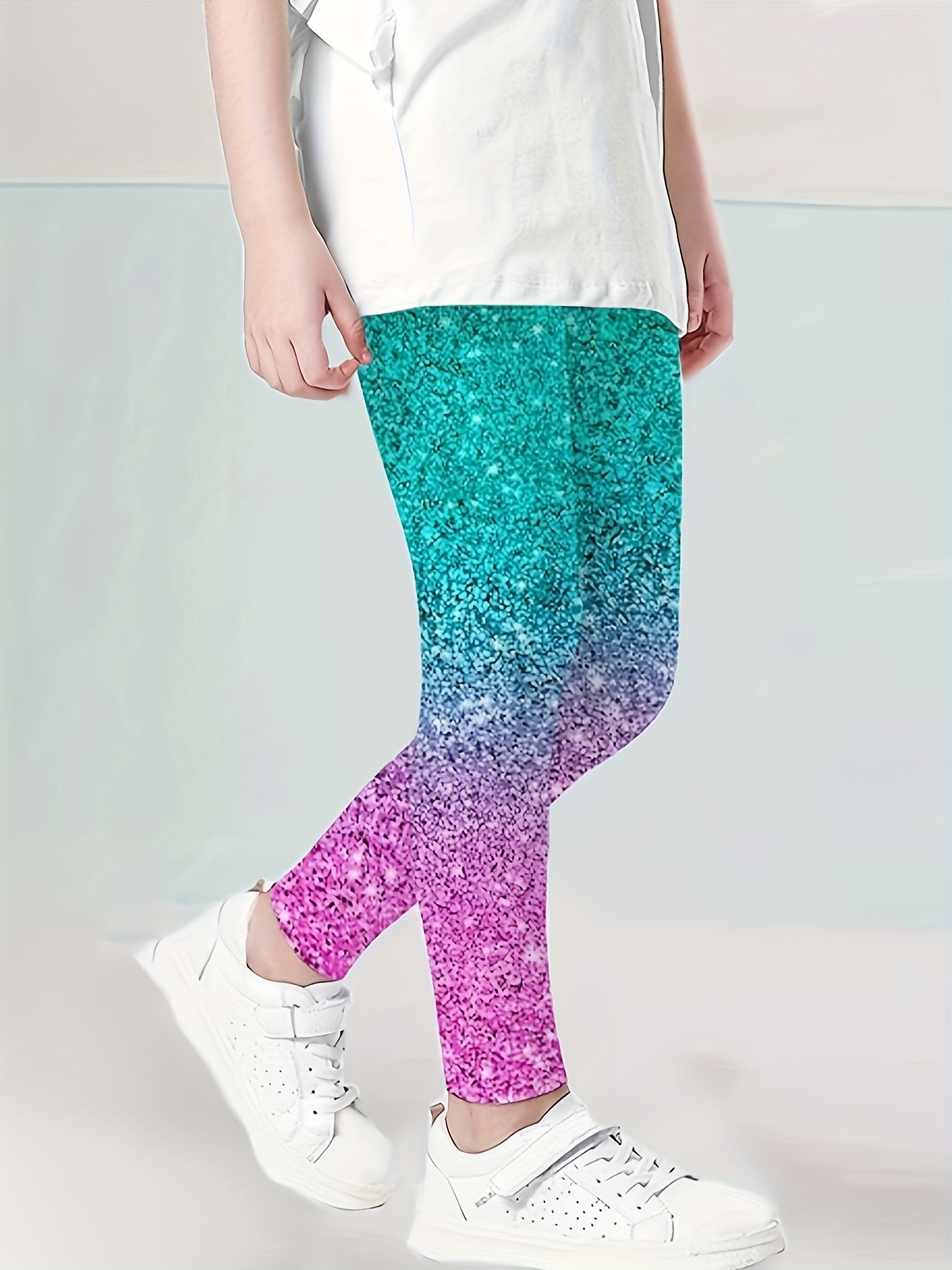 3pcs Girls' Glittery Gradient Leggings - Soft & Breathable 3D Star Print Casual Pants in Teal, Purple & Blue - Machine Washable, All-Season Comfort - Perfect for Parties, Gifts & Casual Attire, Comfortable Fit, Cute Pants