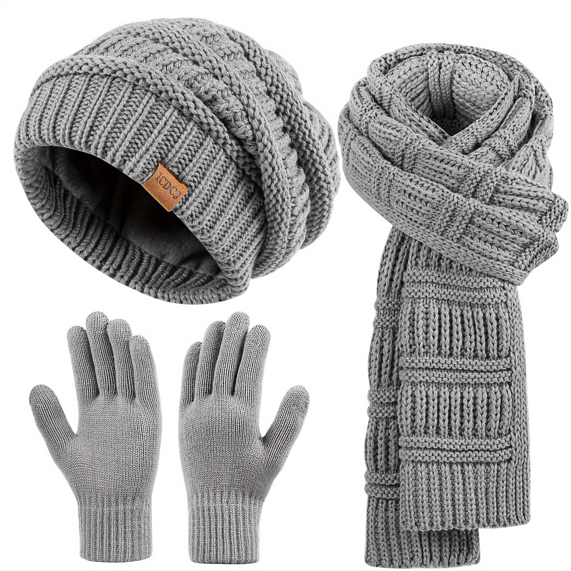 

Men's Beanie Hat Scarf, Gloves Set Fleece Lined Winter Hat With Long Knit Scarf, Neck Warmer Touchscreen Gloves For Men And Women, 3pcs Pack