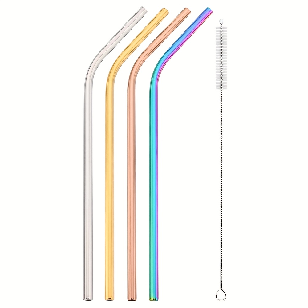 TEMU A Set Of 4 Bent Reusable Straws, 304 Stainless Steel Sturdy Drinking Straws, Food-grade With 1 Cleaning Brush, Suitable For Juice Smoothies Milk
