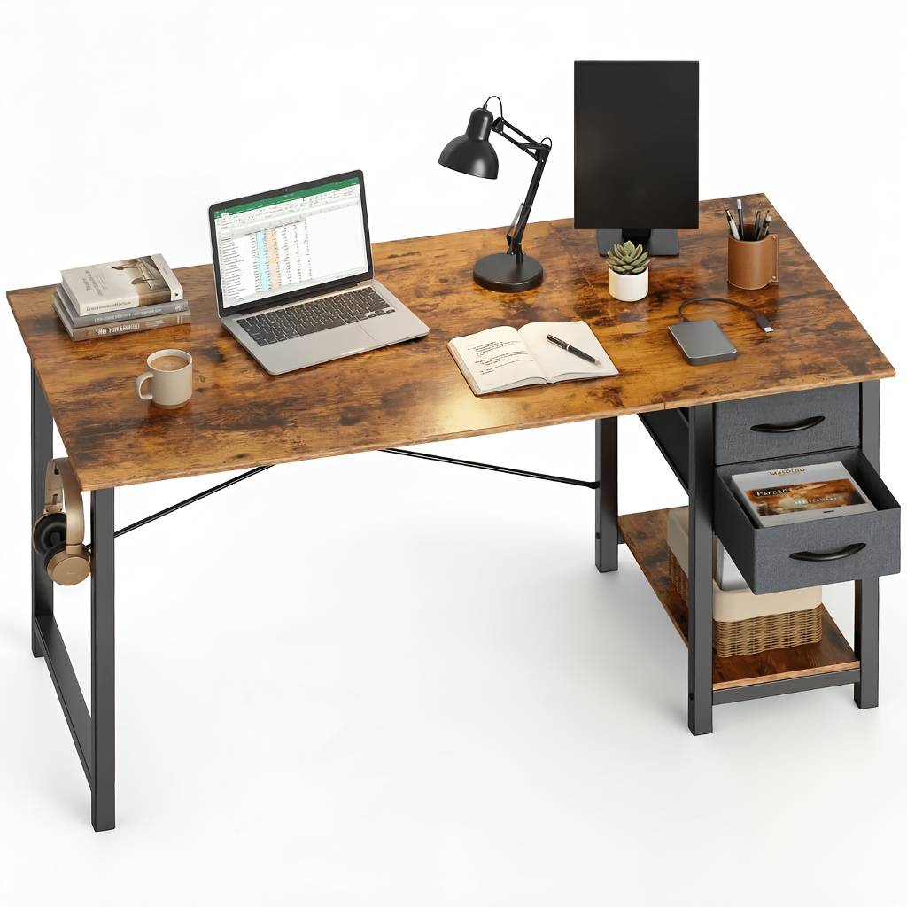 47/ Computer Desk With 2 Drawers & Side Headphone Hook, Sturdy Writing Work Desk For Home Office