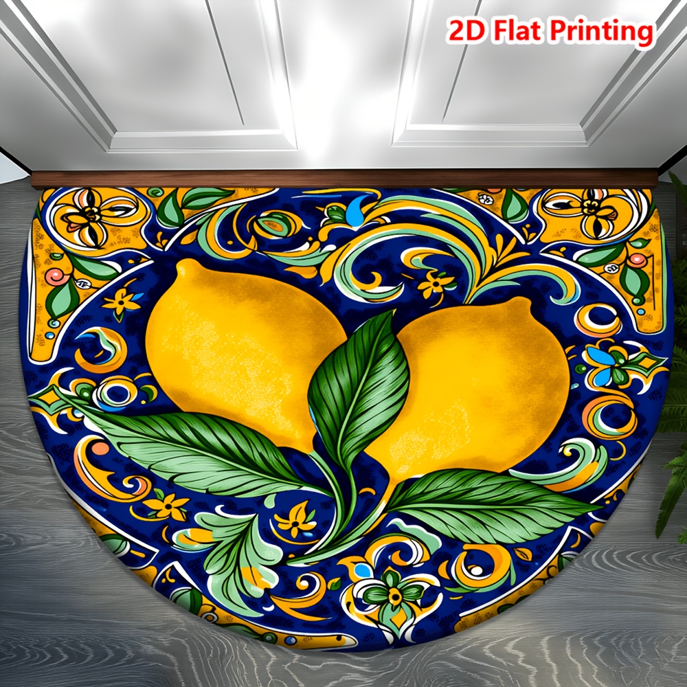 TEMU 1pc Of Semi-circular Doormat Made From Flannel And 1cm Thick Sponge Material, Featuring A Lemon And Floral Pattern, Suitable For Indoor And