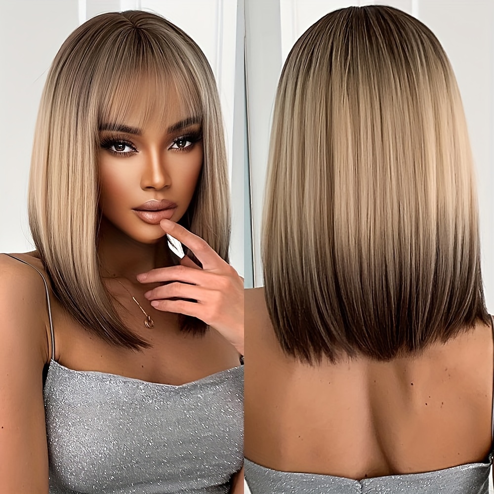 Elegant Straight Hair Wig, 14 Inch, Champagne Blonde Ombre Synthetic Wig With Brownish , High Temperature Fiber, Women's Rose Net Cap Wig For Daily, Party & Cosplay Use