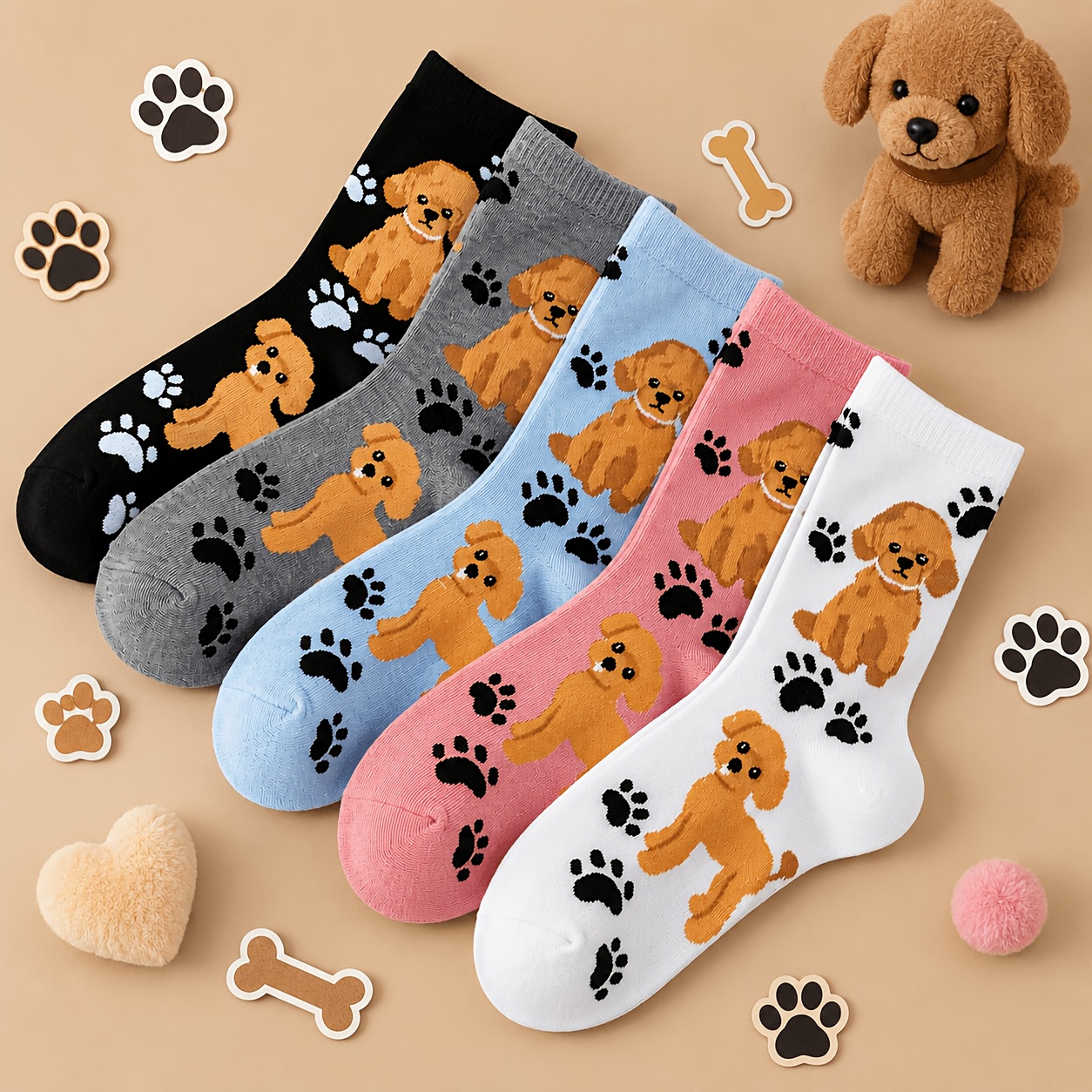 TEMU 5 Pairs Cute Print Mid-calf Socks, Cartoon Dog Pattern Casual Socks For Women And