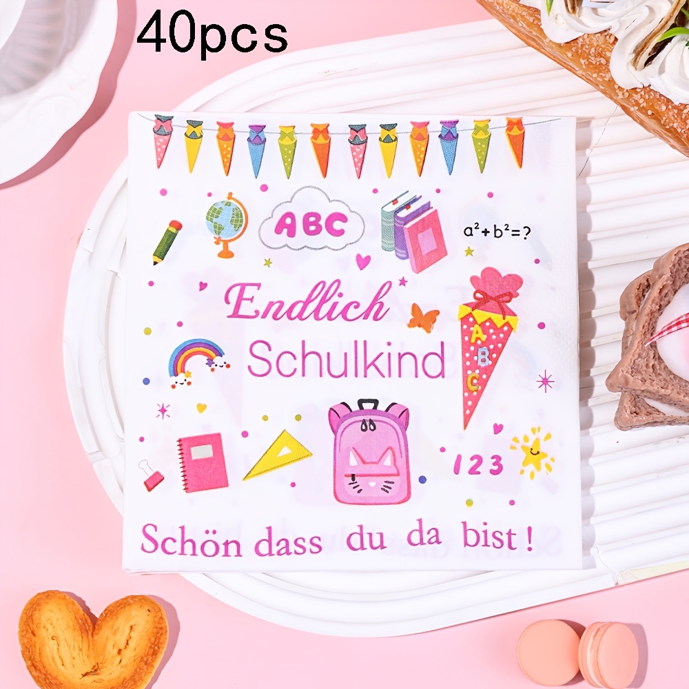 Image of 20pcs/40pcs/60pcs,pink School Theme Napkins, 2-ply 13inch, Schulkind Printed Disposable Paper Tissues, Colorful Stationery & , Ideal For First Day Of School Party, School , For Halloween、christmas