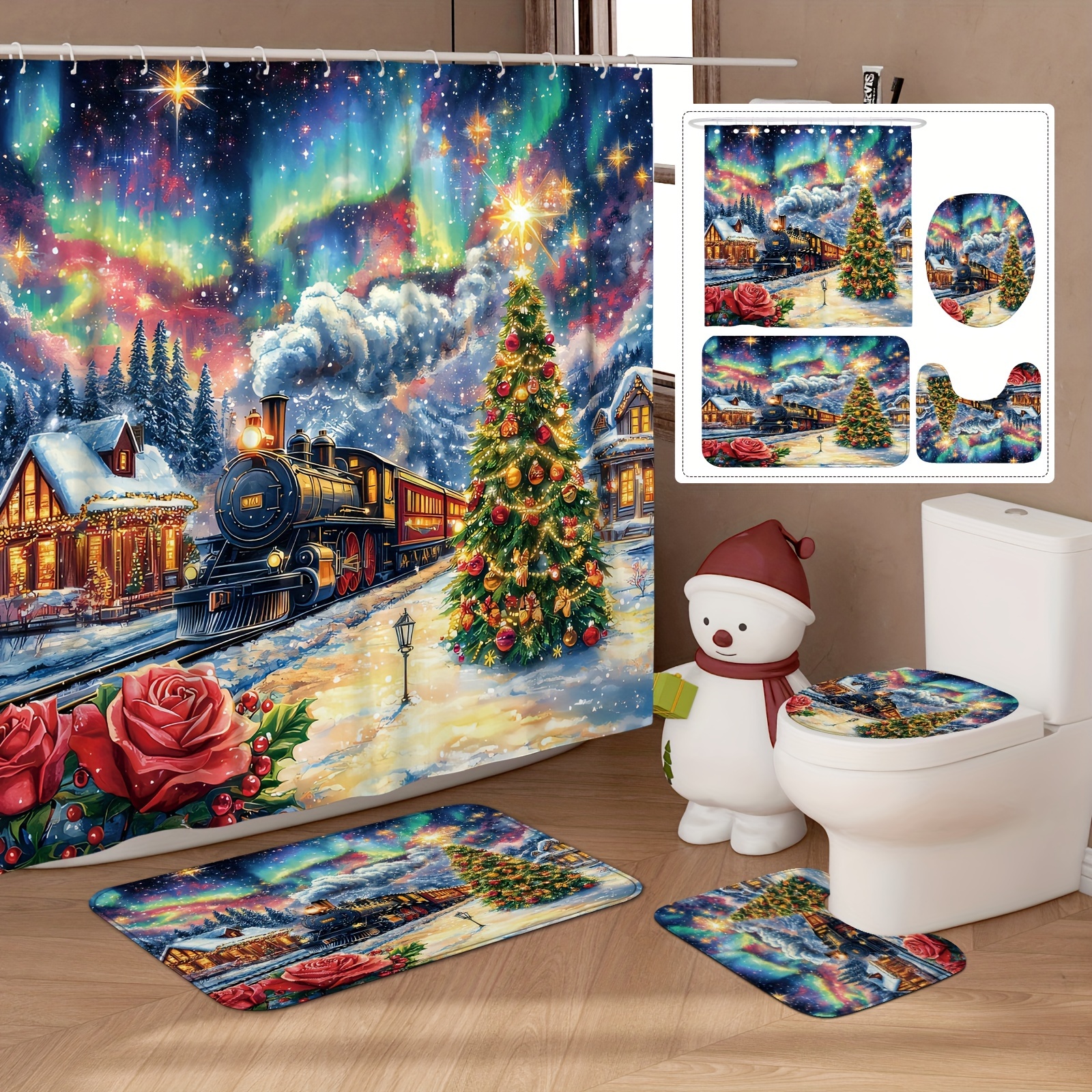 

/4pcs Christmas Winter Christmas Tree Snowflake Winter Scene Curtain Set Waterproof Polyester Washable Shower Curtain For Bathroom Or Shower Decor With 12 Hooks Non-slip Bath Mat Toilet Lid Cover Mat