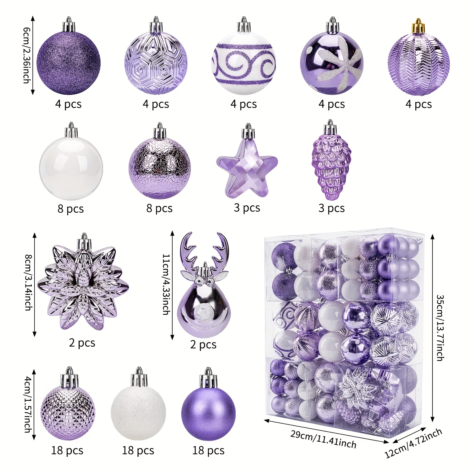 TEMU 100pcs Ornements de Noël de boule, 1 boîte de 8Cm/6Cm/4Cm violet, 14 types de boules sphériques rondes, boules de spéciale, décoration de sapin