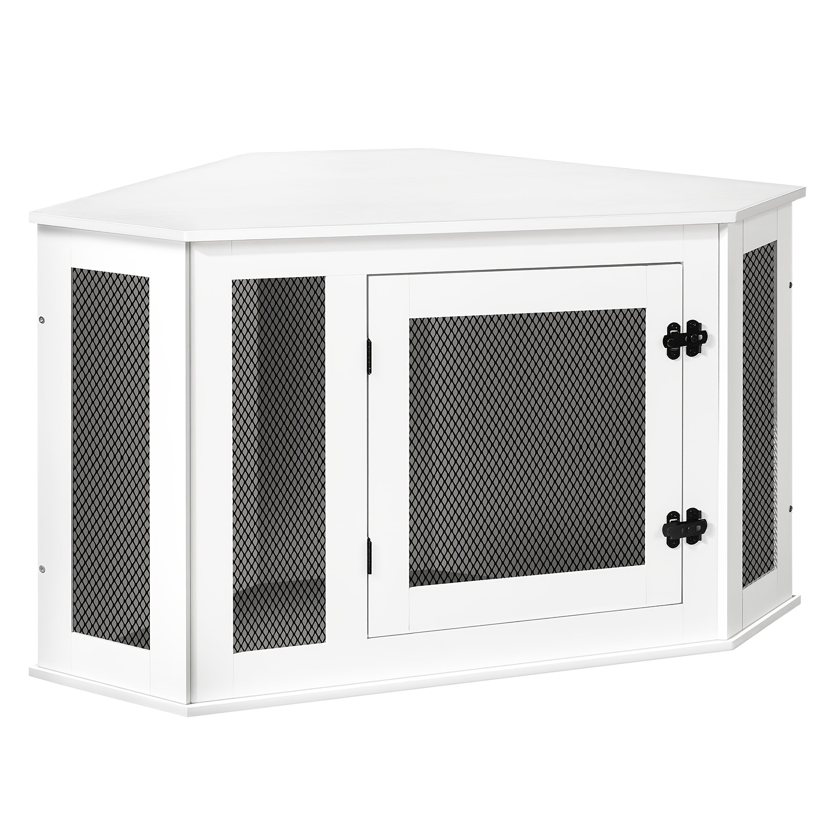 Image of Corner Furniture Style Dog Crate, Wooden Decorative Pet Cage, Dog House Furniture Side Table, With Mesh, Suitable For Small, Medium, And Large Pet Kennels, Gray, White