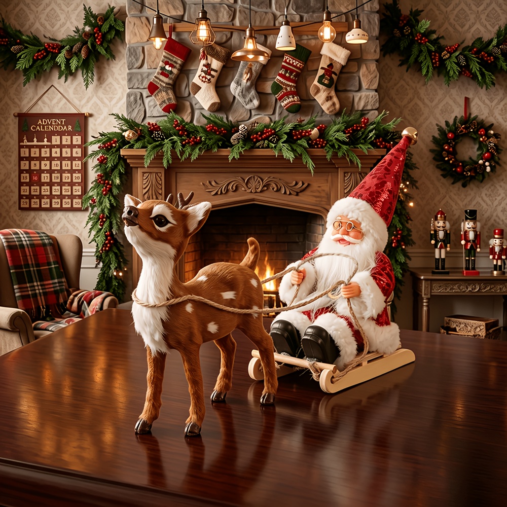 TEMU Ensemble de décoration de bureau de Noël : une adorable figurine de tacheté et un traîneau en bois du Père Noël, décoration de table de cheminée